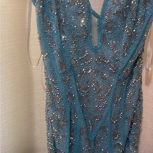 Primavera Couture Blue and Silver Prom Dress